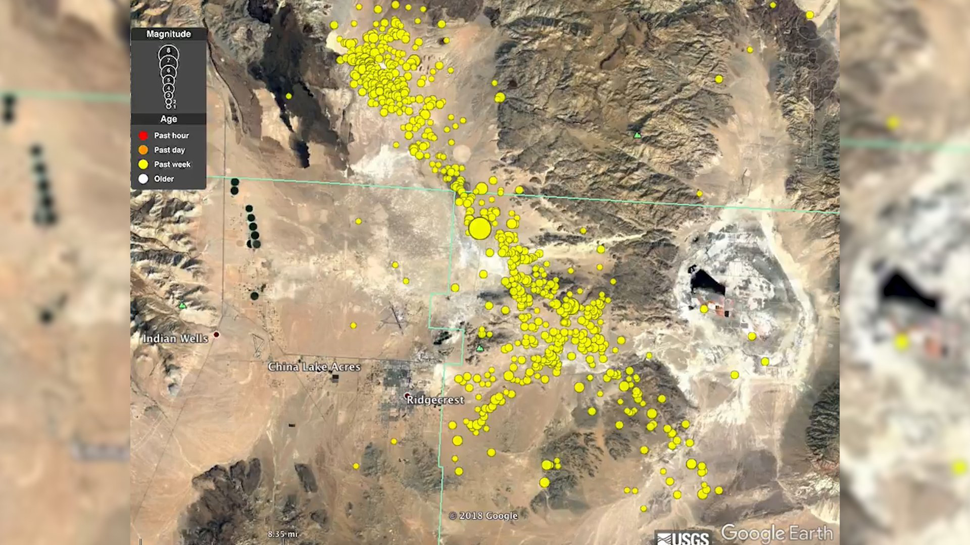 The U.S. Geological Survey on Monday released an animation depicting the series of earthquakes, spanning from early Thursday morning until noon Monday. (Credit: USGS)