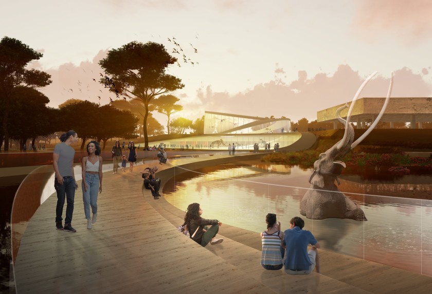 An architectural rendering by Weiss/Manfredi, a design firm based in New York City, shows a proposed new pedestrian path that crosses and surrounds the Lake Pit at the La Brea Tar Pits. (Credit: Weiss/Manfredi via La Brea Tar Pits)