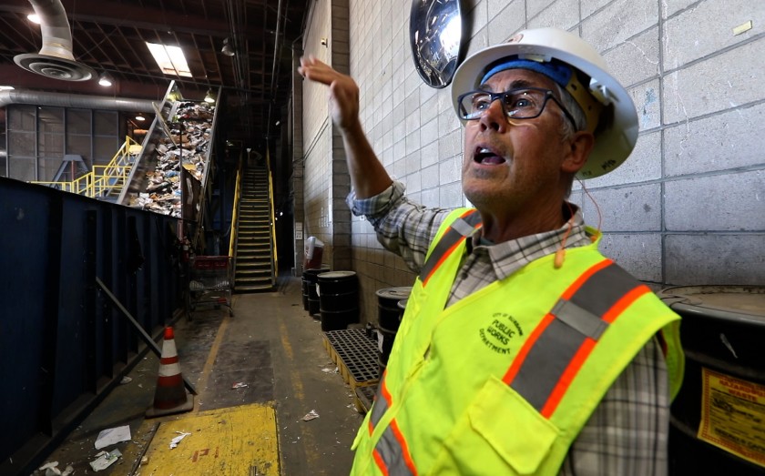 “We just don’t have a market for a lot of this stuff,” said Kreigh Hampel, recycling coordinator for the city of Burbank. The California recycling industry has struggled after China stopped accepting certain kinds of recycled materials. (Credit: Carolyn Cole / Los Angeles Times)