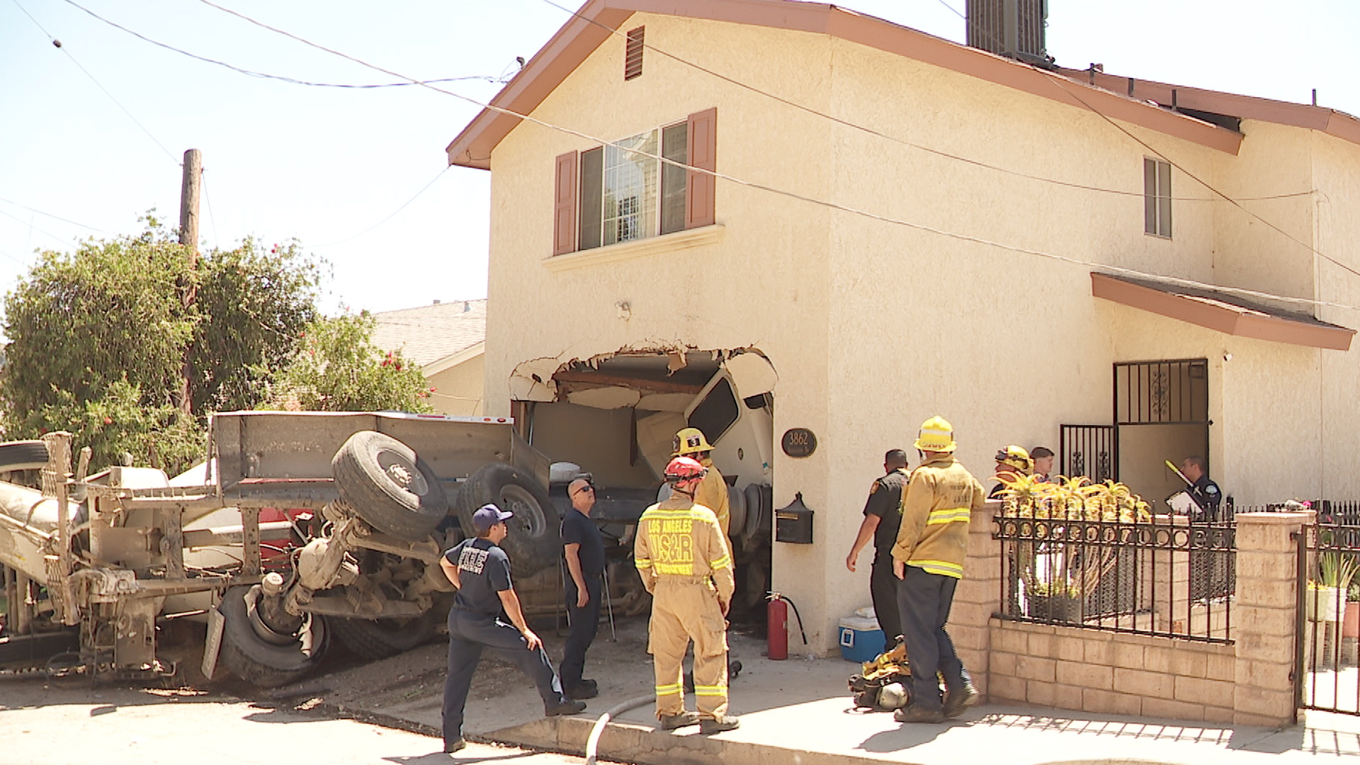 A cement truck smashed through the front of a home in L.A.'s Mount Washington neighborhood on Aug. 31, 2019. No injuries were reported. (Credit: KTLA)