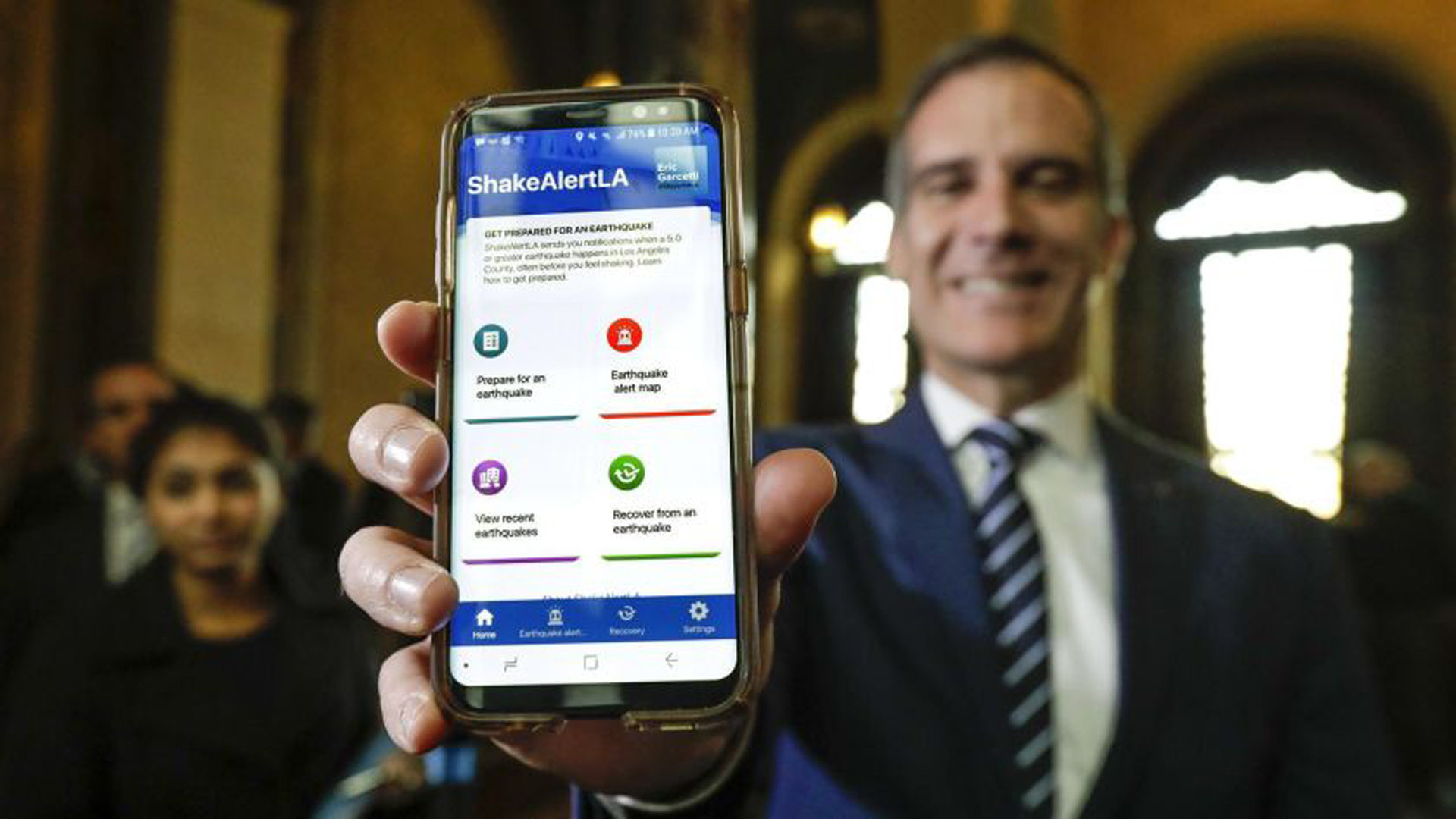 Los Angeles Mayor Eric Garcetti at the launch announcement of ShakeAlertLA, the nation’s first publicly available earthquake early warning mobile app, in January.(Credit: Irfan Khan / Los Angeles Times)