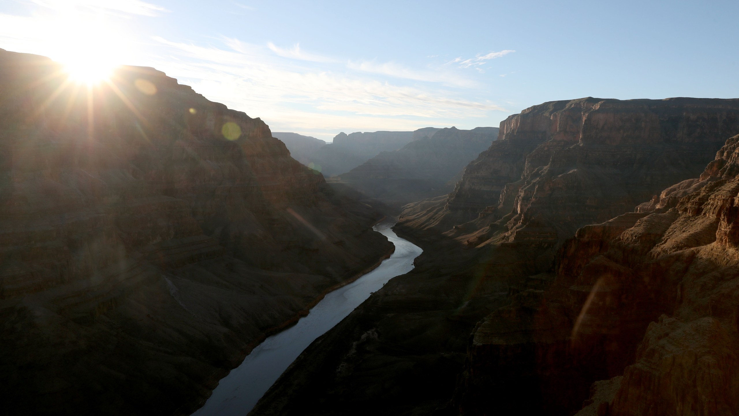 The Colorado River winds its way along the West Rim of the Grand Canyon in the Hualapai Indian Reservation on January 10, 2019 near Peach Springs, Arizona. (Credit: Justin Sullivan/Getty Images)