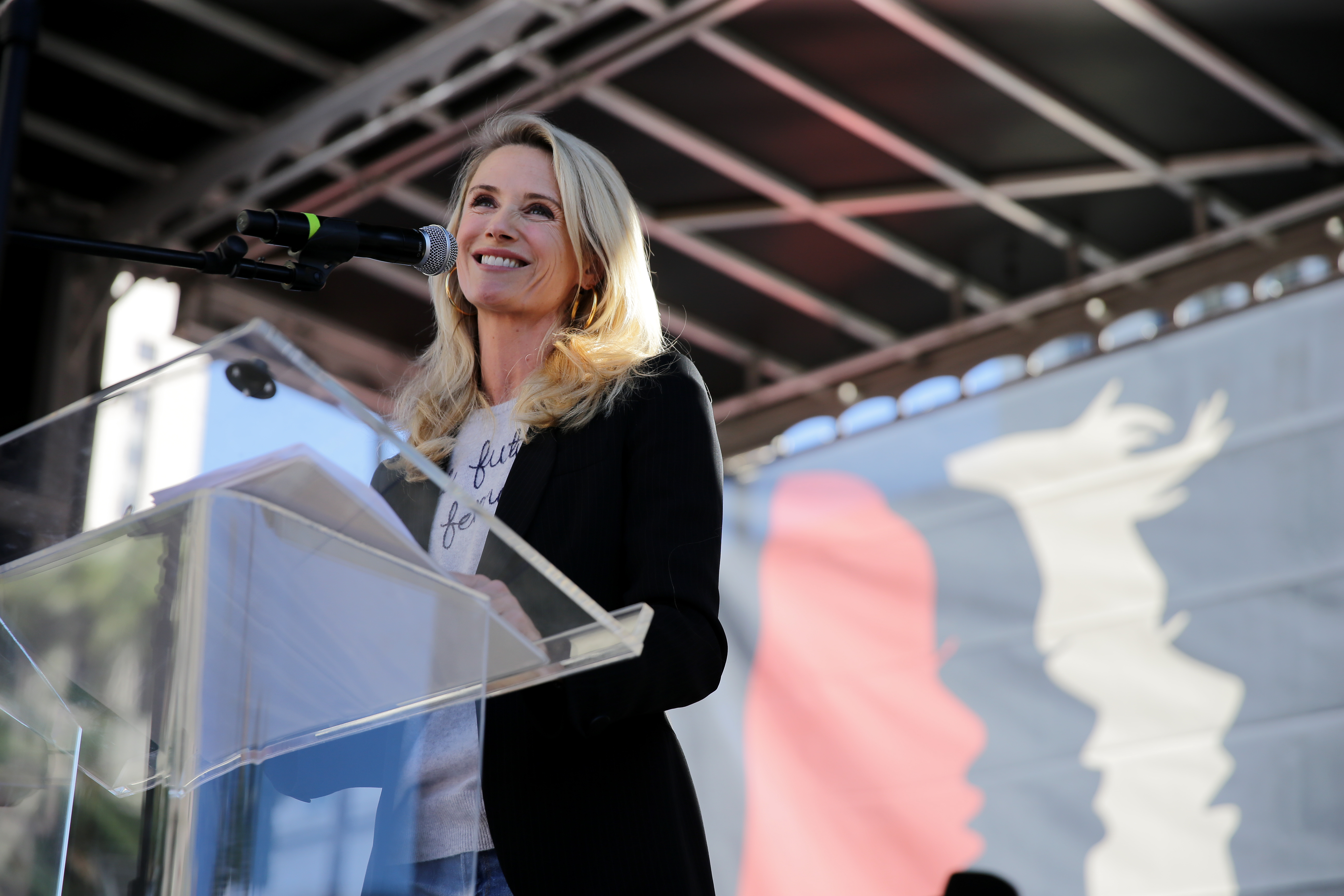 Jennifer Siebel Newsom speaks at the Women's March on Jan. 19, 2019 in Los Angeles. (Credit: Sarah Morris/Getty Images)