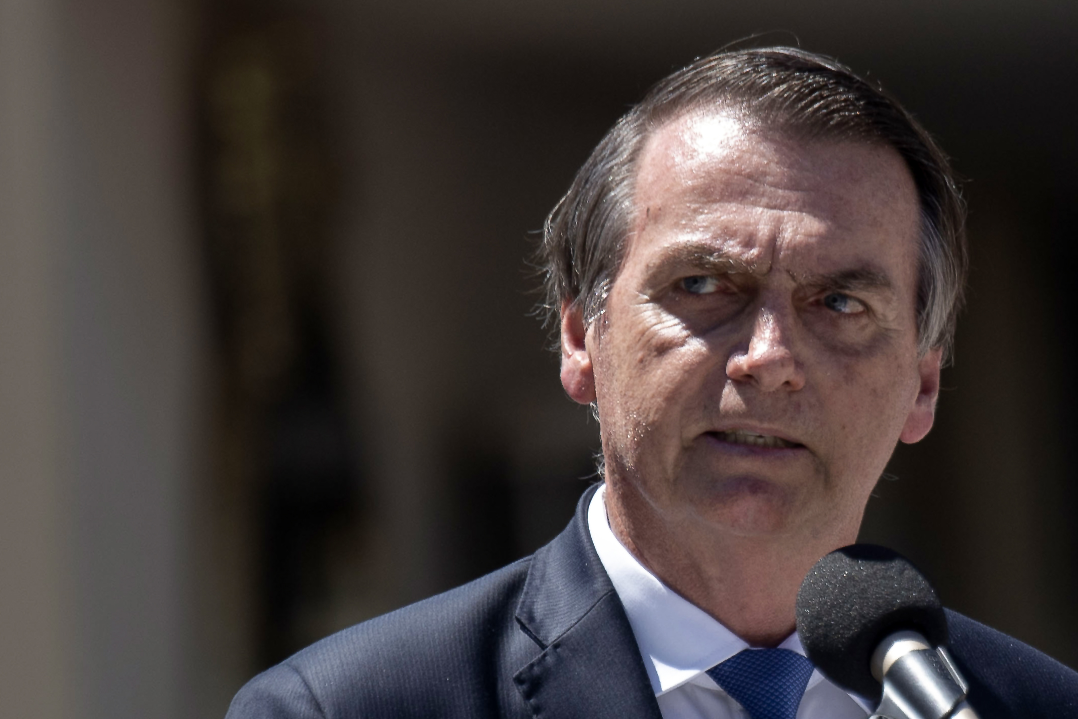 Brazil's President Jair Bolsonaro delivers a speech during an event to celebrate 211 years of the creation of the Brazilian Marine Corps in Rio de Janeiro, Brazil on March 07, 2019. (Credit: MAURO PIMENTEL/AFP/Getty Images)