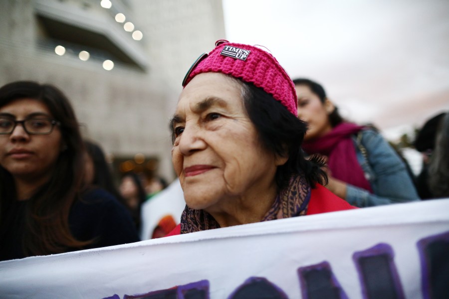 Civil rights activist Dolores Huerta marches during an International Women's Strike rally on March 08, 2019 in Los Angeles. (Credit: Mario Tama/Getty Images)