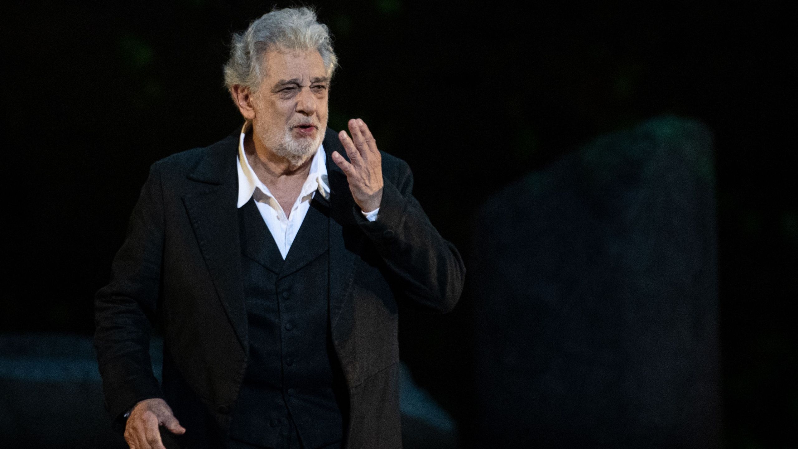 Spanish opera singer Placido Domingo, 78, performs on stage during the dress rehearsal of "Spanish Night" at the 150th Choregie in Orange on July 5, 2019. (Credit: CHRISTOPHE SIMON/AFP/Getty Images)