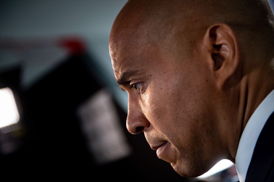 Cory Booker speaks to reporters in Detroit, Michigan on July 31, 2019. (Credit: Brendan Smialowski/AFP/Getty Images)