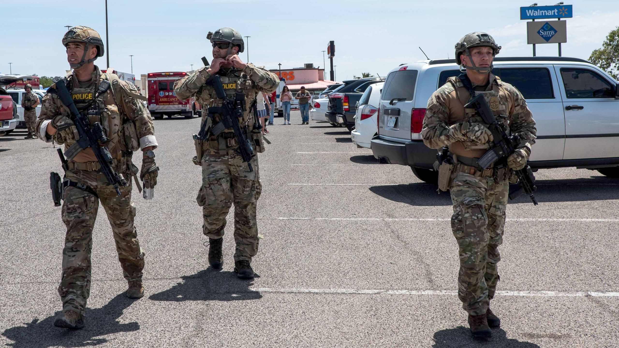 Law enforcement responds to a Walmart in El Paso, Texas, where a gunman killed 22 people on Aug. 3, 2019. (Credit: Joel Angel Juarez / AFP / Getty Images)