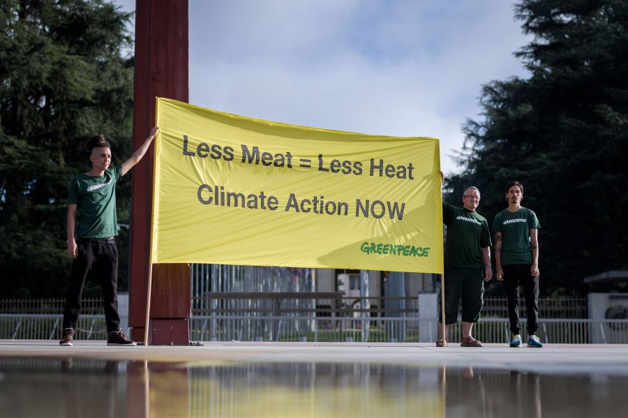 Greenpeace activists hold a banner during a protest prior to the publication by The UN's Intergovernmental Panel on Climate Change (IPCC) of a special report on climate change and land on Aug. 8, 2019, in Geneva. (Credit: FABRICE COFFRINI/AFP/Getty Images)