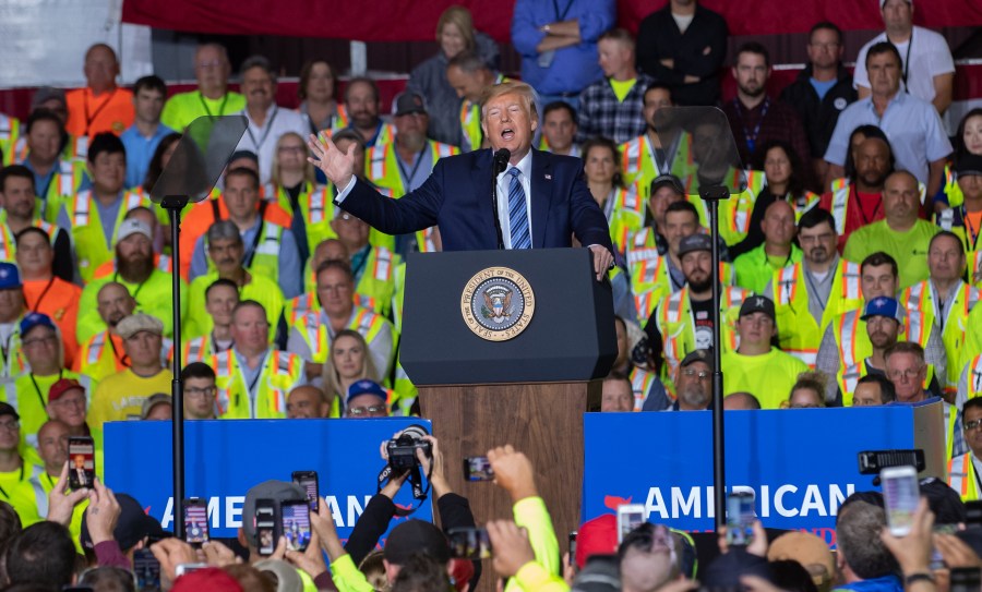 President Donald Trump speaks to contractors at the Shell Chemicals Petrochemical Complex on Aug. 13, 2019 in Monaca, Pennsylvania. (Credit: Jeff Swensen/Getty Images)