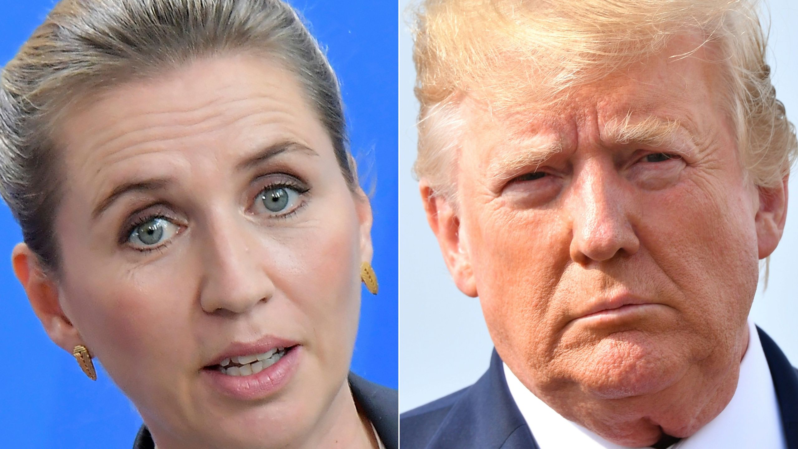 This combination of photos created on Aug. 20, 2019, shows Denmark's Prime Minister Mette Frederiksen (left) at a joint press conference on July 11, 2019 at the Chancellery in Berlin and U.S. President Donald Trump before boarding Air Force One in Morristown, New Jersey, on Aug. 18, 2019. President Trump announced on Aug. 20, 2019, that he was postponing an upcoming meeting with Denmark's prime minster due to her lack of interest in selling Greenland to the United States.(Credit: TOBIAS SCHWARZ,NICHOLAS KAMM/AFP/Getty Images)