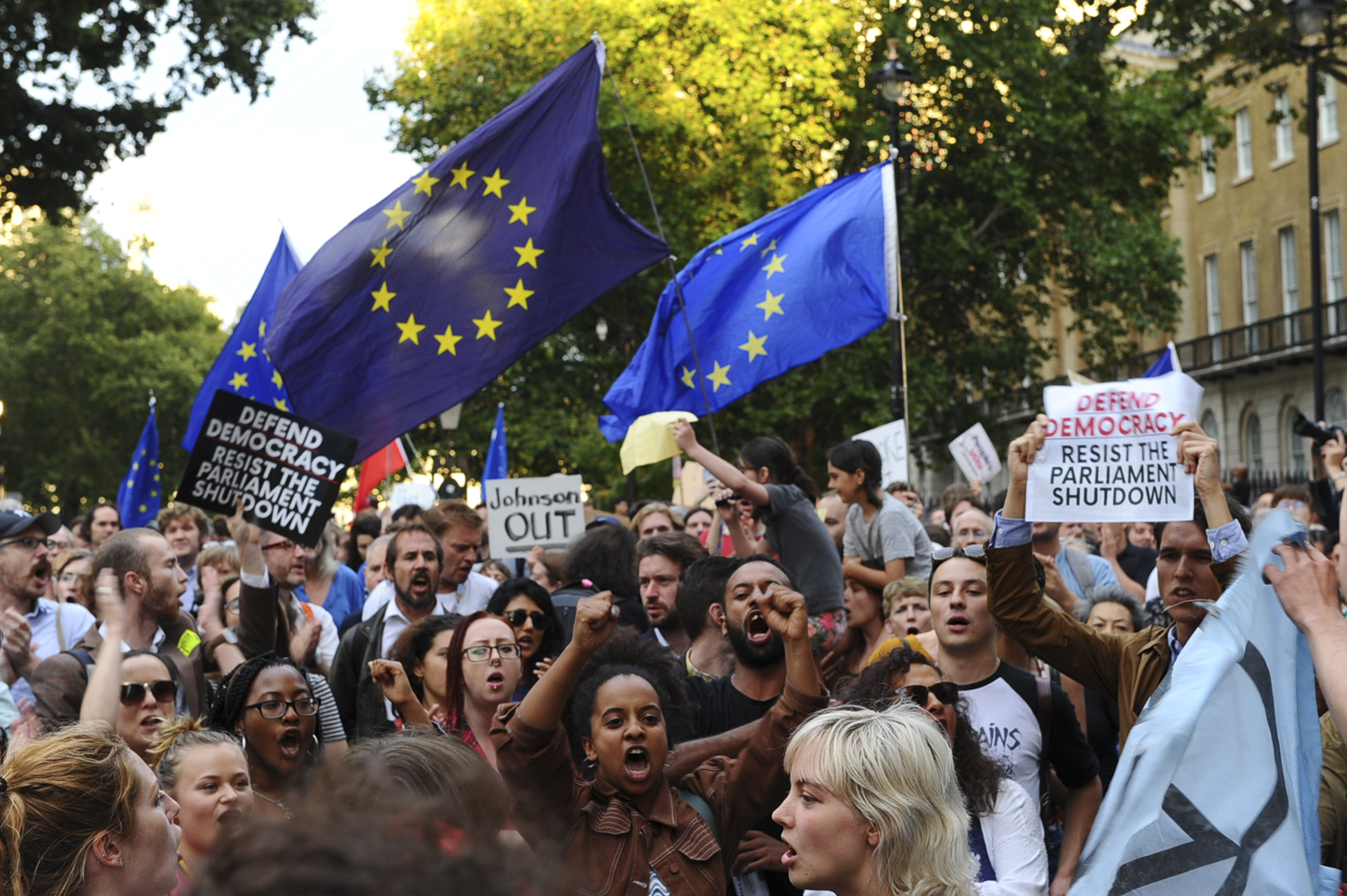 Demonstrators wave European Union flags and hold placards as they protest outside of Downing Street in London on August 28, 2019. (Credit: DANIEL SORABJI/AFP/Getty Images)