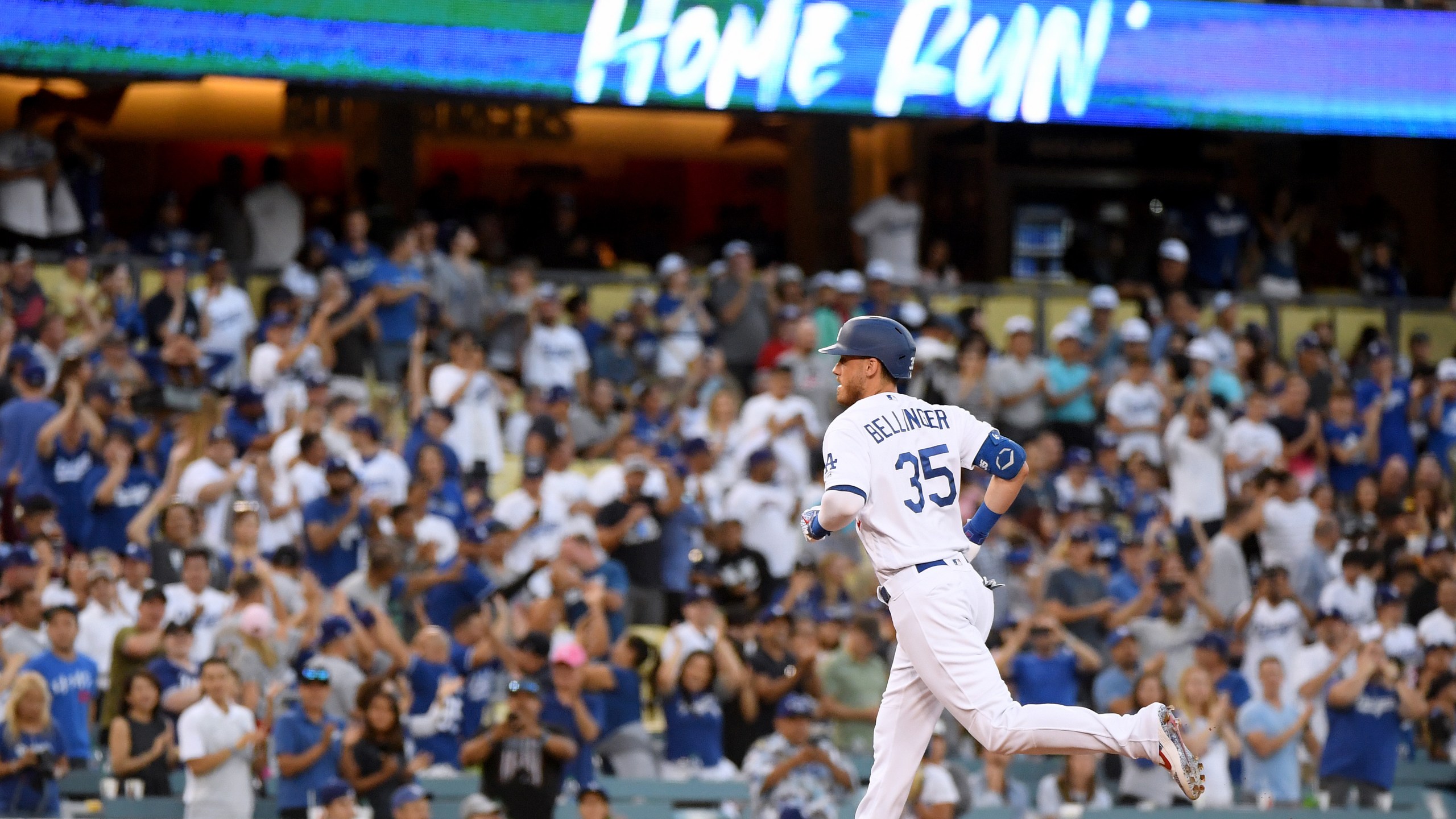 Cody Bellinger hits a solo home run, against the San Diego Padres at Dodger Stadium on Aug. 1, 2019. (Credit: Harry How/Getty Images)