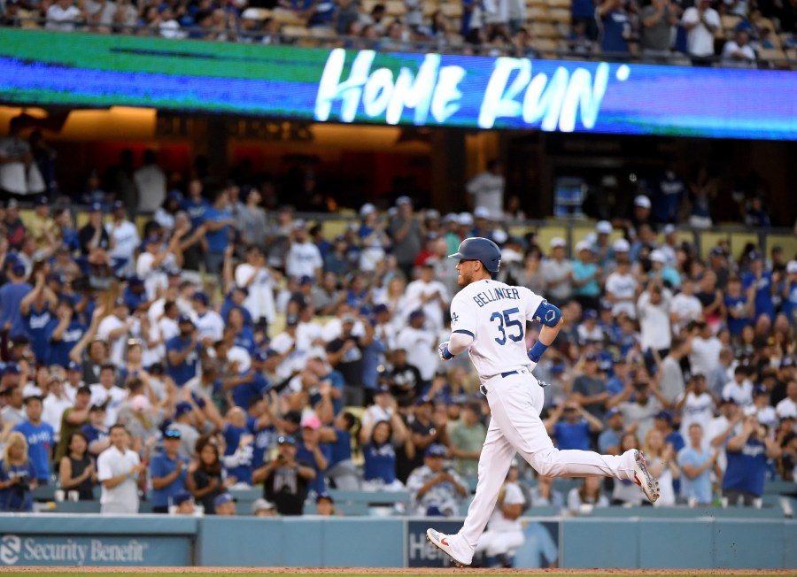 Cody Bellinger hits a solo home run, against the San Diego Padres at Dodger Stadium on Aug. 1, 2019. (Credit: Harry How/Getty Images)