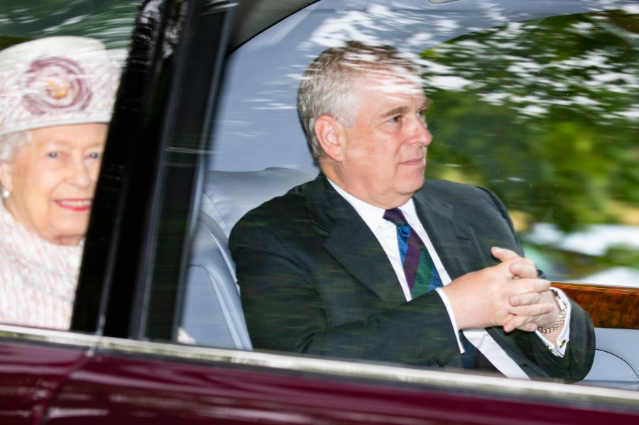 Prince Andrew, Duke of York, and his mother, Queen Elizabeth II, are driven from Crathie Kirk Church following a service on Aug. 11, 2019 in Crathie, Aberdeenshire. (Credit: Duncan McGlynn/Getty Images)