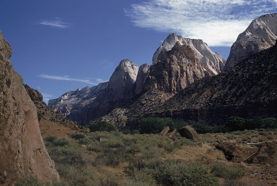 View of Mountain of the Sun (left) and East Temple in Zion National Park, Utah, c. 1975. (Credit: Emil Muench/Getty Images)