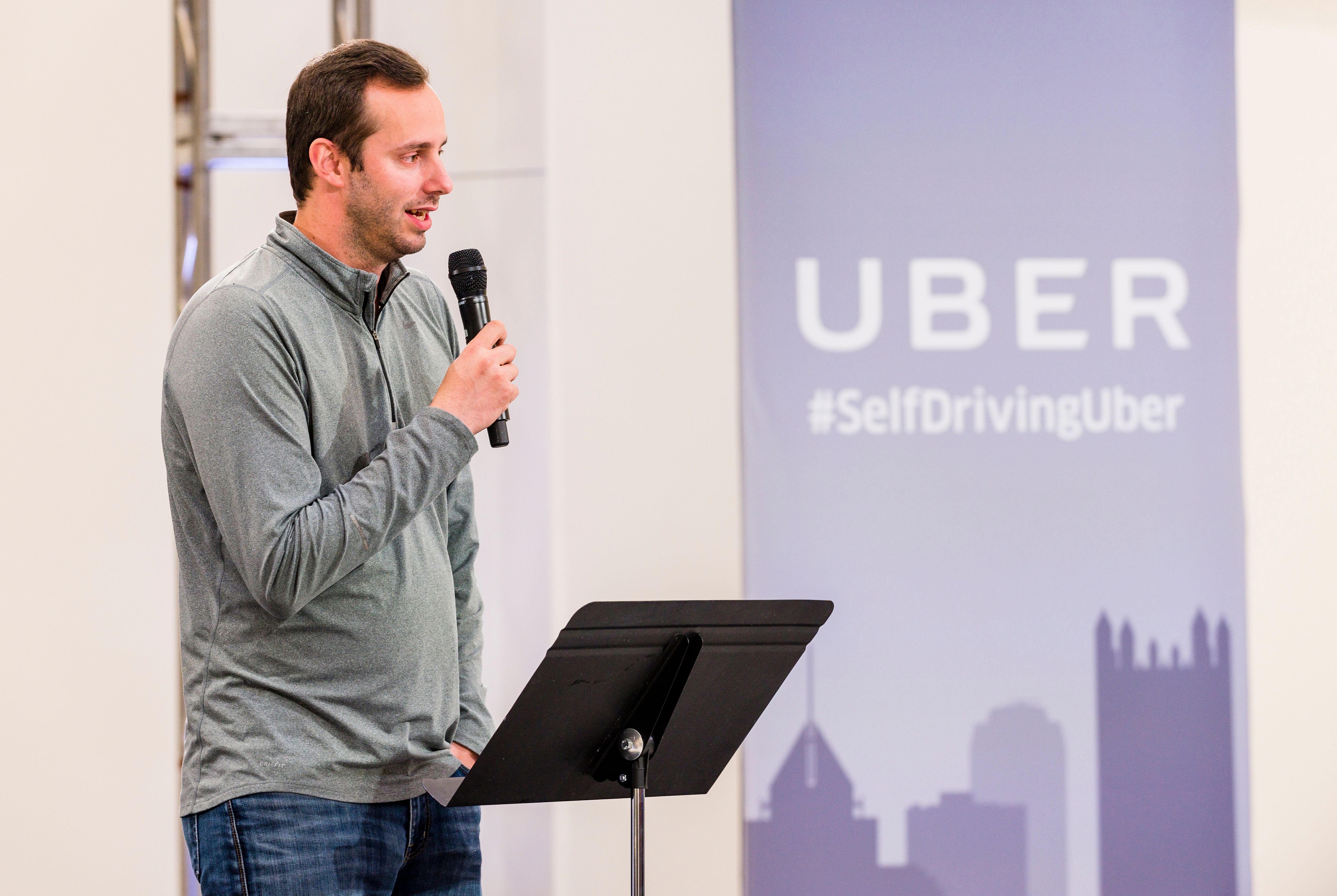 Anthony Levandowski speaks to members of the press during the launch of the pilot model of the Uber self-driving car in Pittsburgh, Pennsylvania, on Sept. 13, 2016. (Credit: Angelo Merendino / AFP / Getty Images)