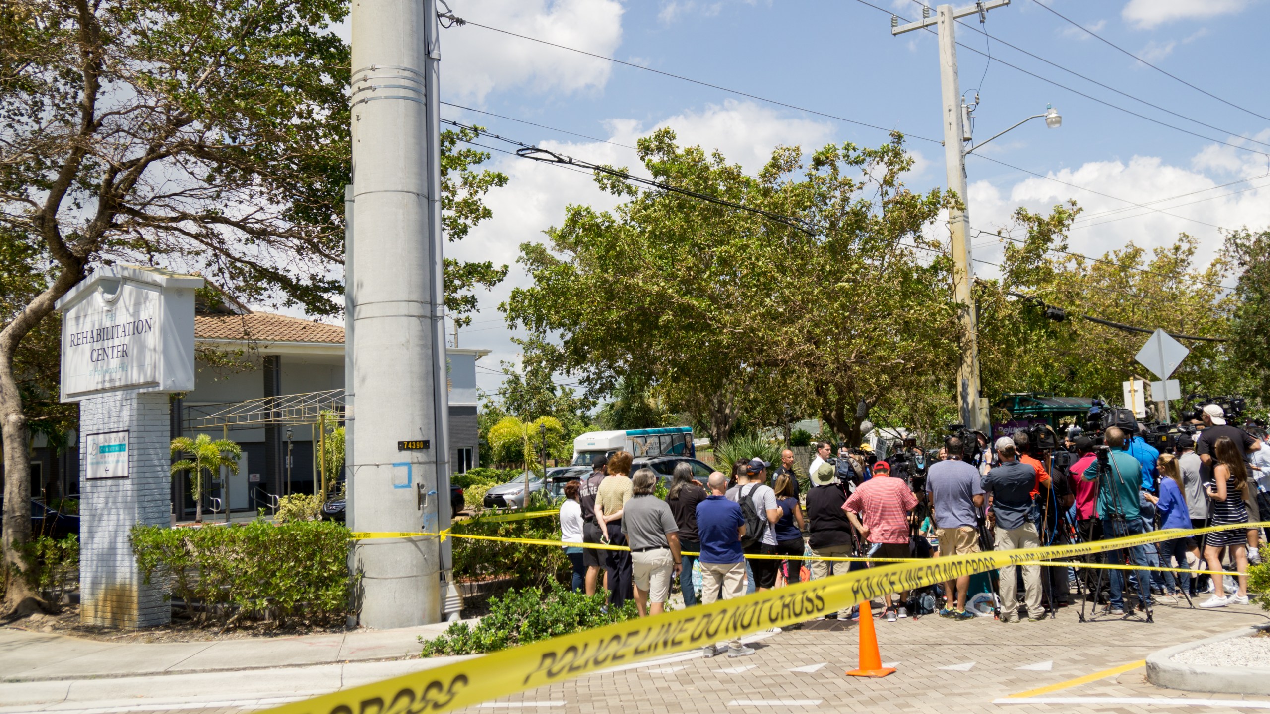 City officials and medical staff address the media outside of a rehabilitation center where six patients were found dead Sept. 13, 2017, in Hollywood, Fla. The deaths may be due to to the home's loss of air conditioning after Hurricane Irma struck on Sept. 10. (Credit: Angel Valentin/Getty Images)