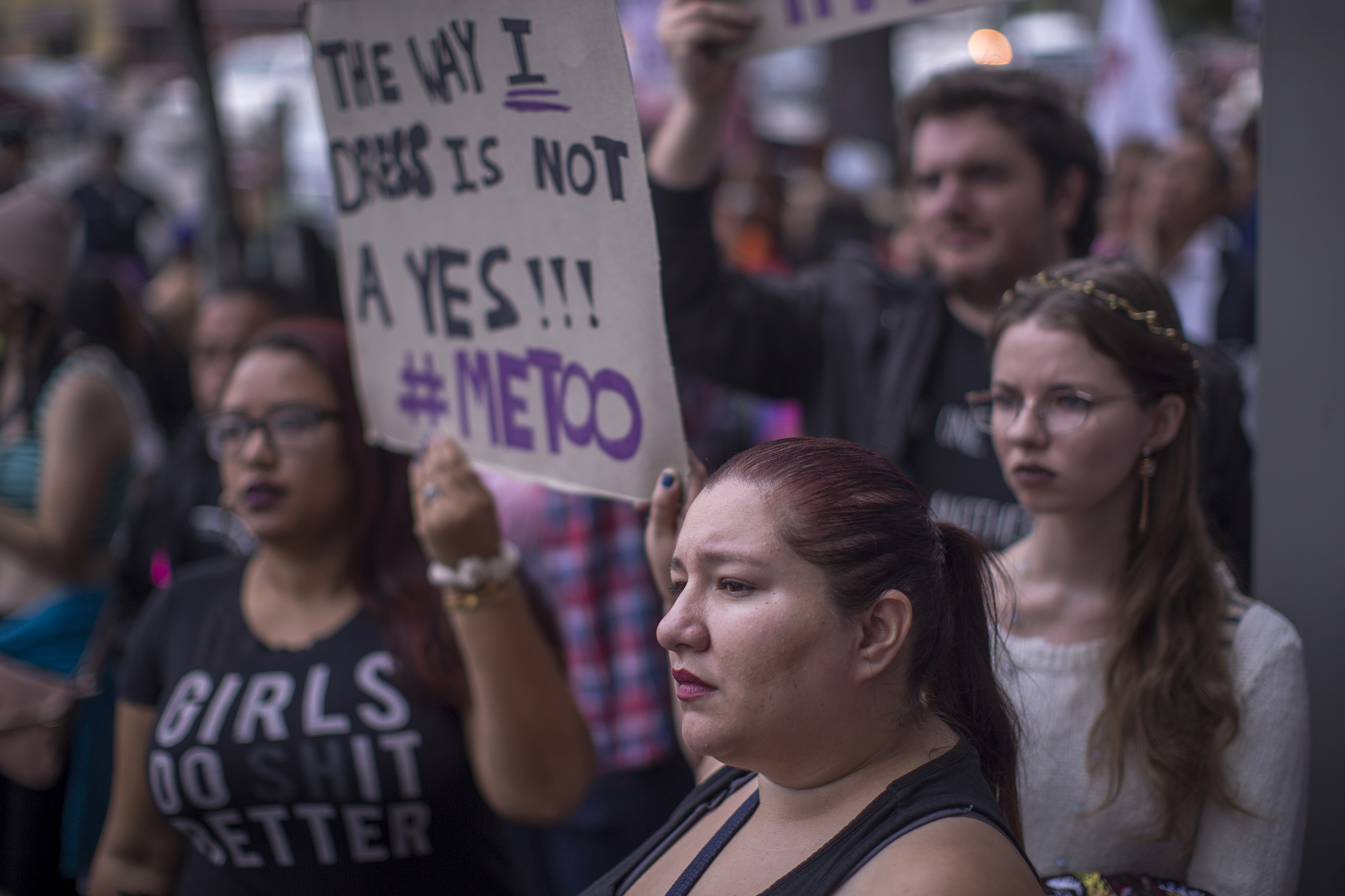 Demonstrators participate in the #MeToo Survivors' March outside the CNN building in response to several high-profile sexual harassment scandals on Nov. 12, 2017, in Los Angeles. (Credit: David McNew/Getty Images)