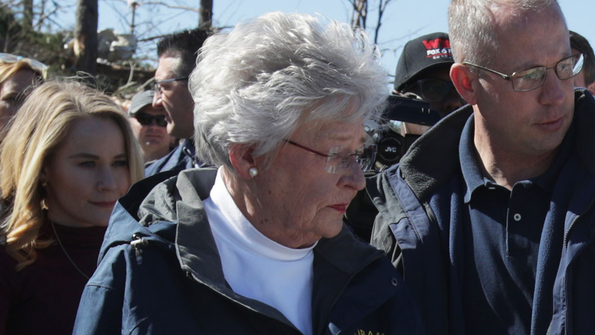 Gov. Kay Ivey (R-AL) visits one of the hardest hit areas by a tornado touchdown March 6, 2019, in Beauregard, Alabama. (Credit: Alex Wong/Getty Images)