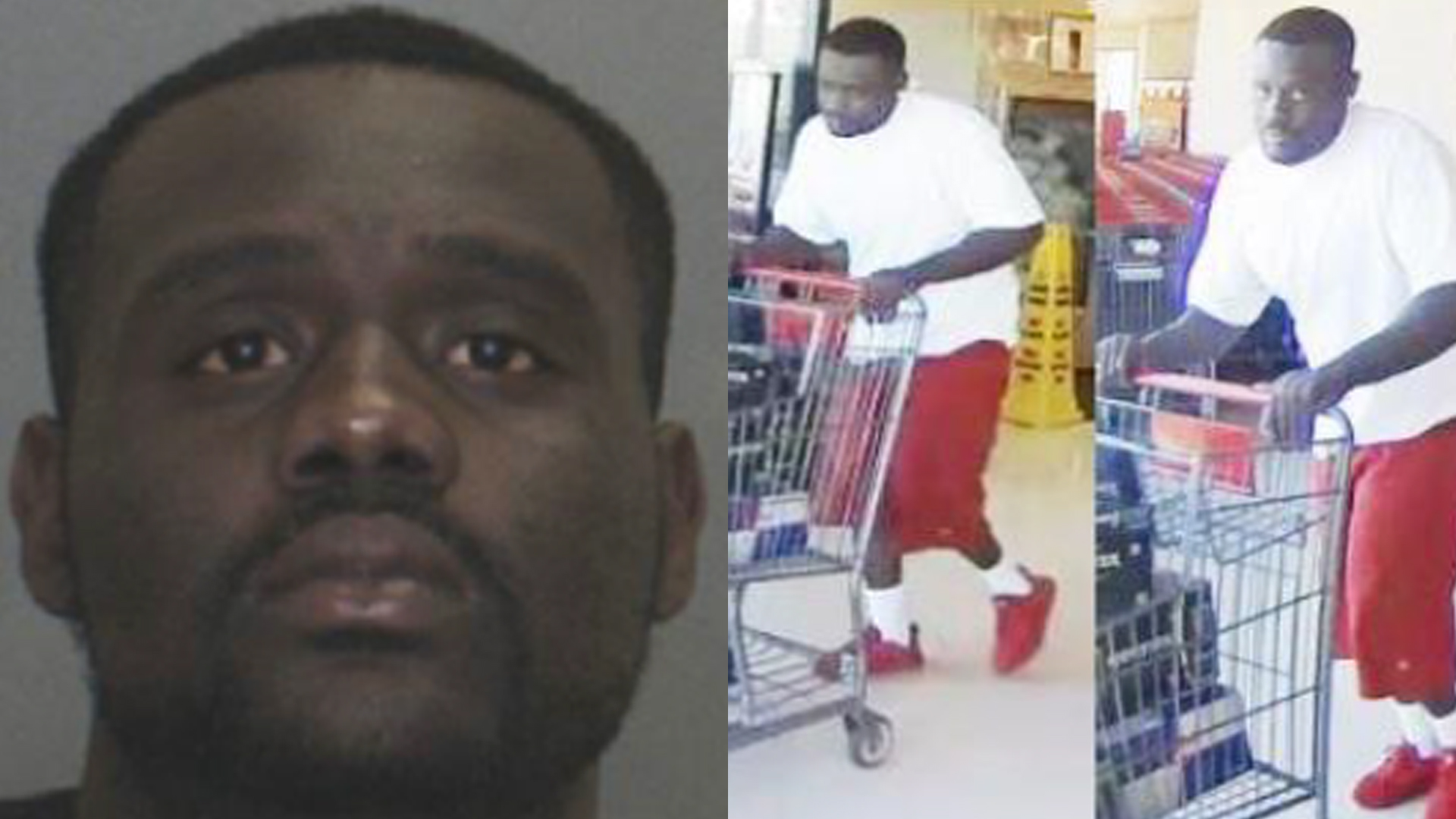 Kendale Rafael Hicks, 28, is seen in a photo alongside another picture that police say shows him stealing energy drinks. The photos were released by the Hesperia Police Department on Aug. 14, 2019.