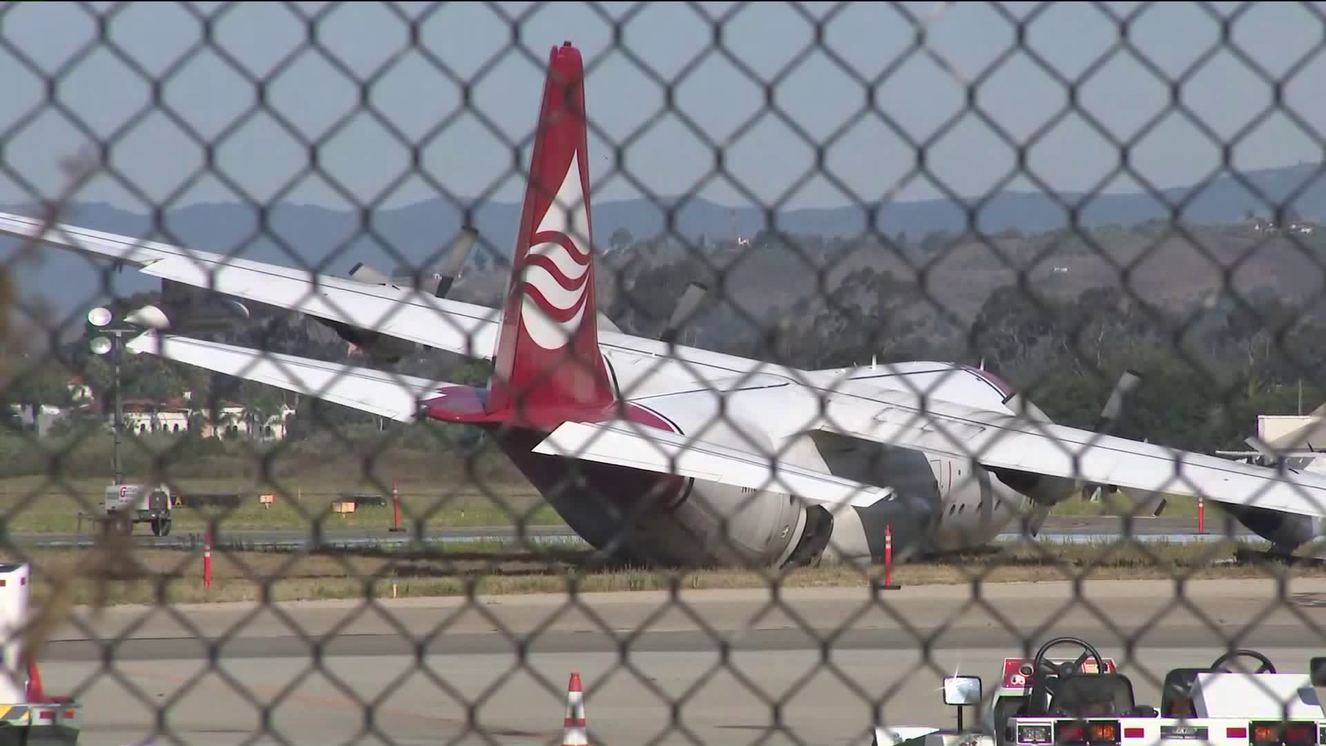 A C-130 airplane is seen on Aug. 26, 2019, at Santa Barbara Airport after making an emergency landing Sunday night. (Credit: KTLA)