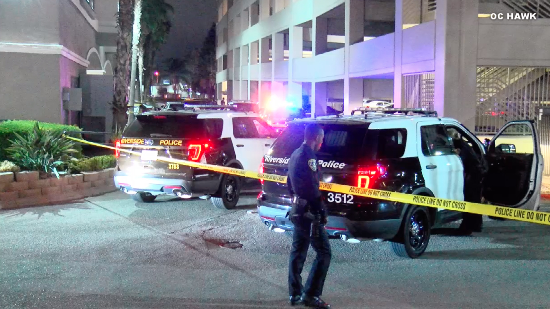 Police investigate a fatal shooting that took place at a small business near the University of California, Riverside on Aug. 17, 2019. (Credit: OC HAWK)