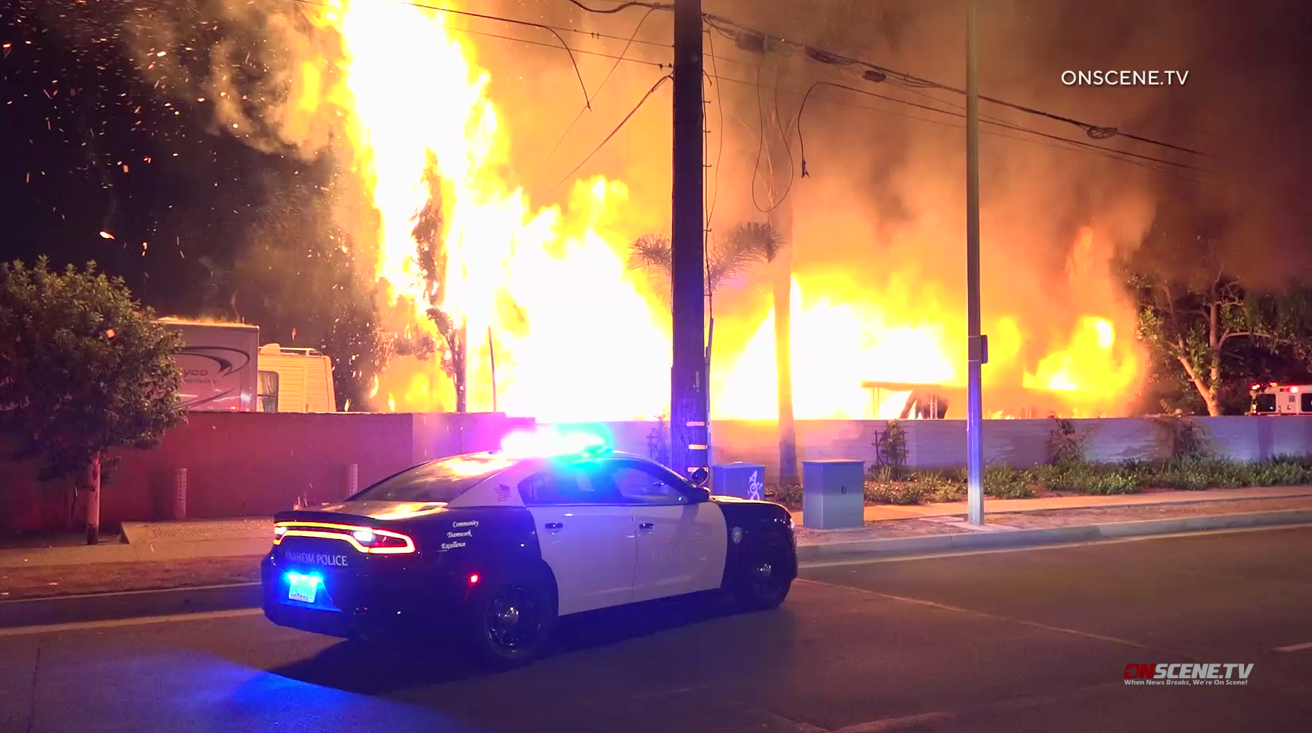 A fire burns at a mobile home park in Anaheim on Aug. 5, 2019. (Credit: Onscene.TV)