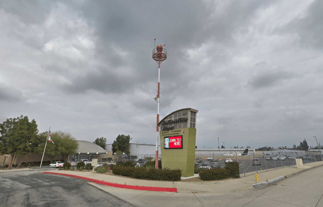 A Google Maps image shows the San Gabriel Valley Airport in El Monte.