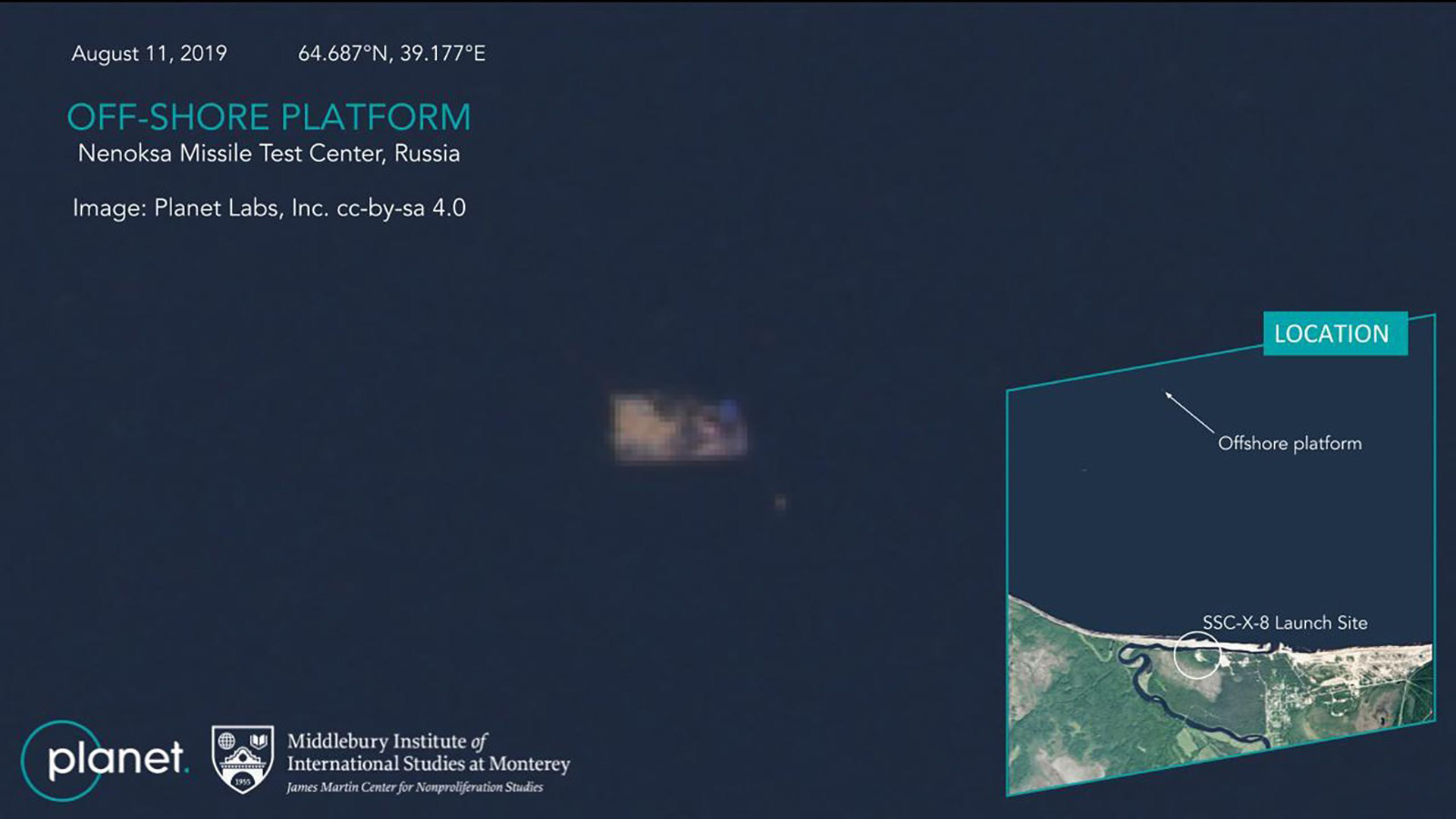 The Kremlin broke its silence Tuesday on the apparent explosion of a nuclear-powered cruise missile during a test, saying that accidents "happen" but that Russia remained "far ahead" in the development of advanced weaponry. (Credit: Planet Labs)