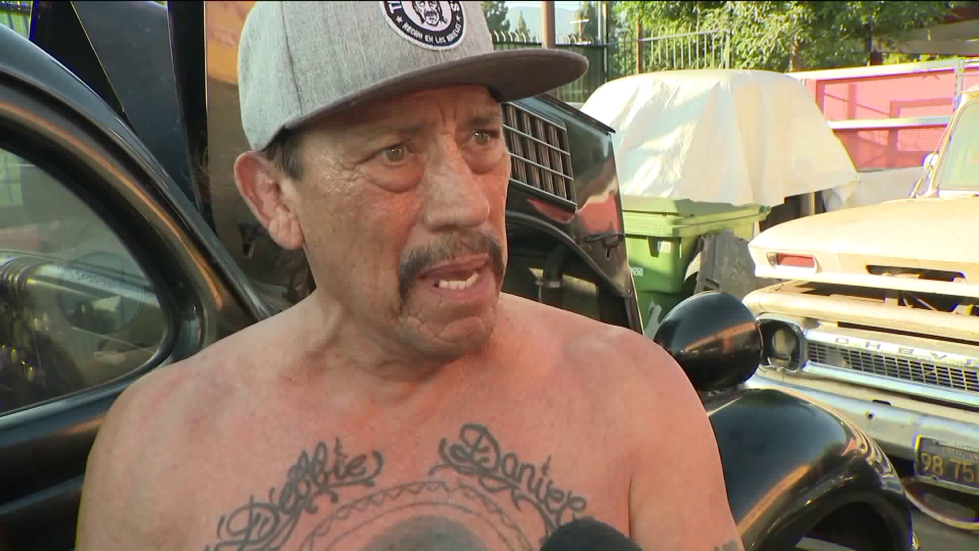 Danny Trejo speaks to KTLA after helping to rescue a baby from a car crash in Sylmar on Aug. 7, 2019. (Credit: KTLA)