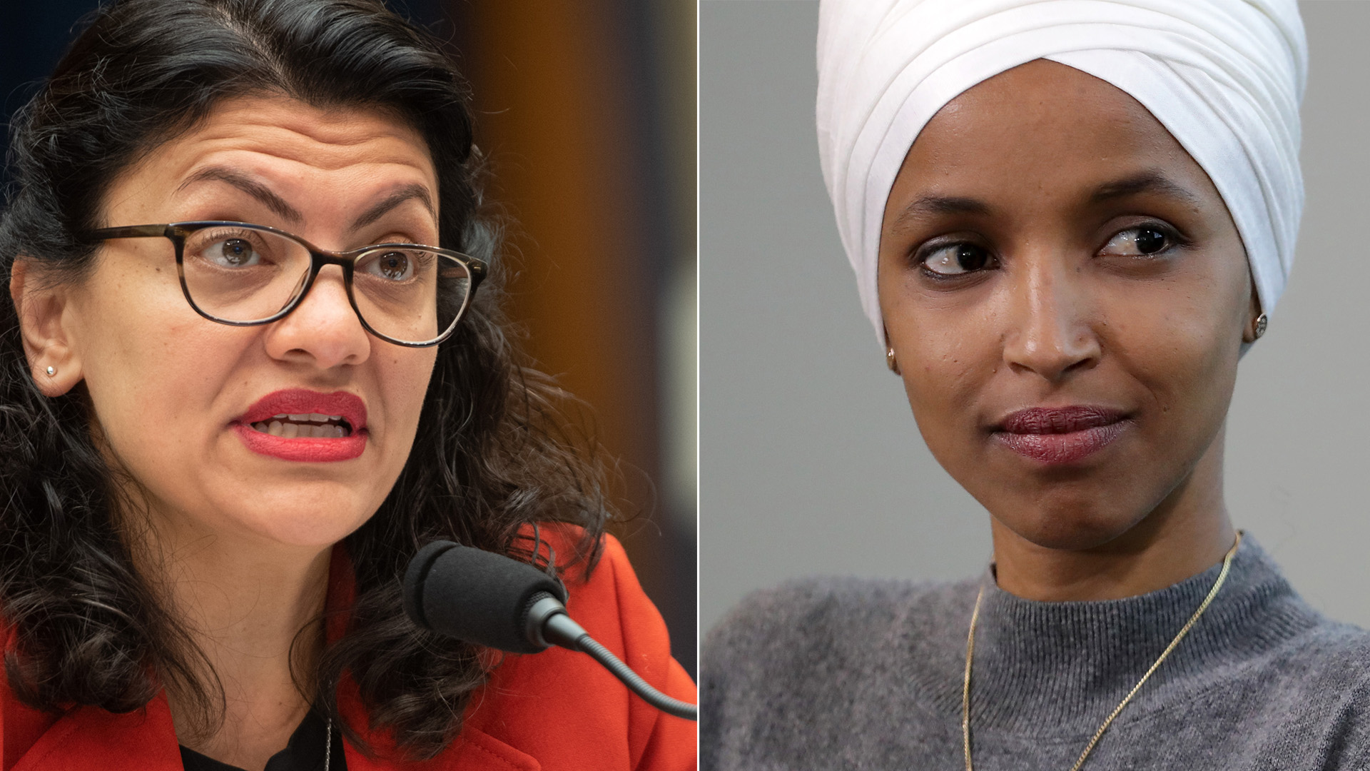 Rep. Rashida Tlaib is seen at Capitol Hill in Washington, D.C. on May 22, 2019, and Rep. Ilhan Omar is seen at the National Housing Center on July 23, 2019, in Washington, D.C. (Credit: Saul Loeb/AFP/Getty Images and Chip Somodevilla/Getty Images)