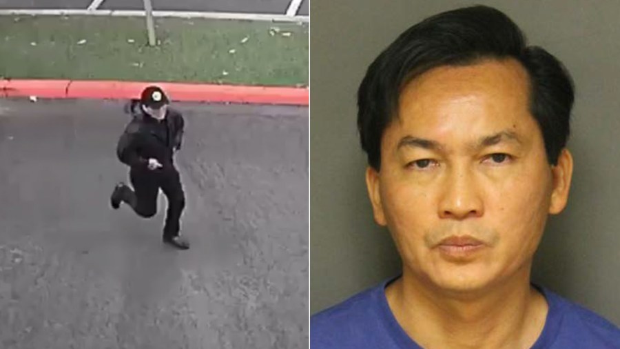 Chuyen Vo, left, is seen in a booking photo released Aug. 22, 2019, by the Fullerton Police Department. Detectives believe he’s the man seen in a surveillance image at right fleeing the scene of a killing at Cal State Fullerton on Aug. 19, 2019.