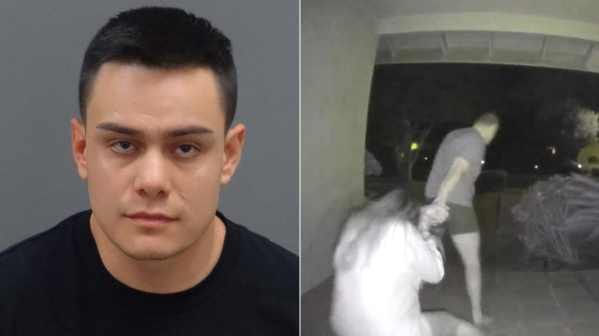 Robert Mendez appears in a booking photo released by Arcadia police on Oct. 1, 2019. On the right, a still image from a video shows an assault that occurred in Arcadia on Sept. 29, 2019.