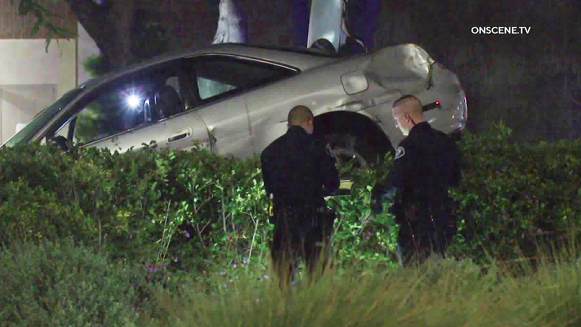 A car crashed after the driver was shot near Santa Ana College on Sept. 16, 2019. (Credit: OnScene.TV)