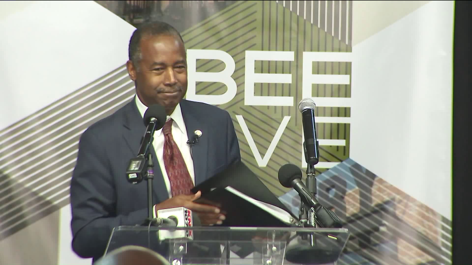 Ben Carson was in South Los Angeles for a housing forum on Sept. 18, 2019. (Credit: KTLA)