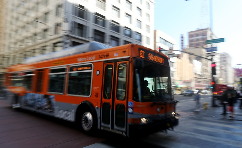 A Los Angeles metro bus is seen in an undated photo. (Los Angeles Times)