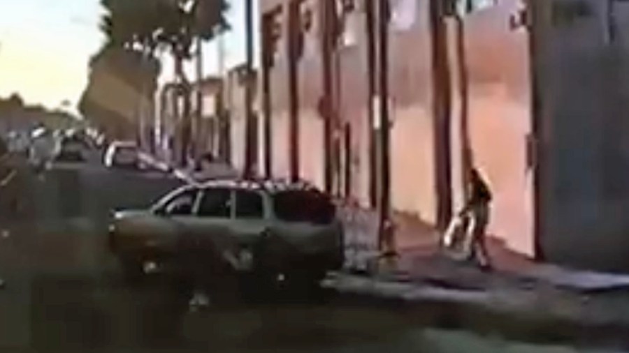 An SUV involved in a hit-and-run crash in the Fashion District area of downtown Los Angeles is shown in a surveillance still released by the LAPD on Sept. 18, 2019.