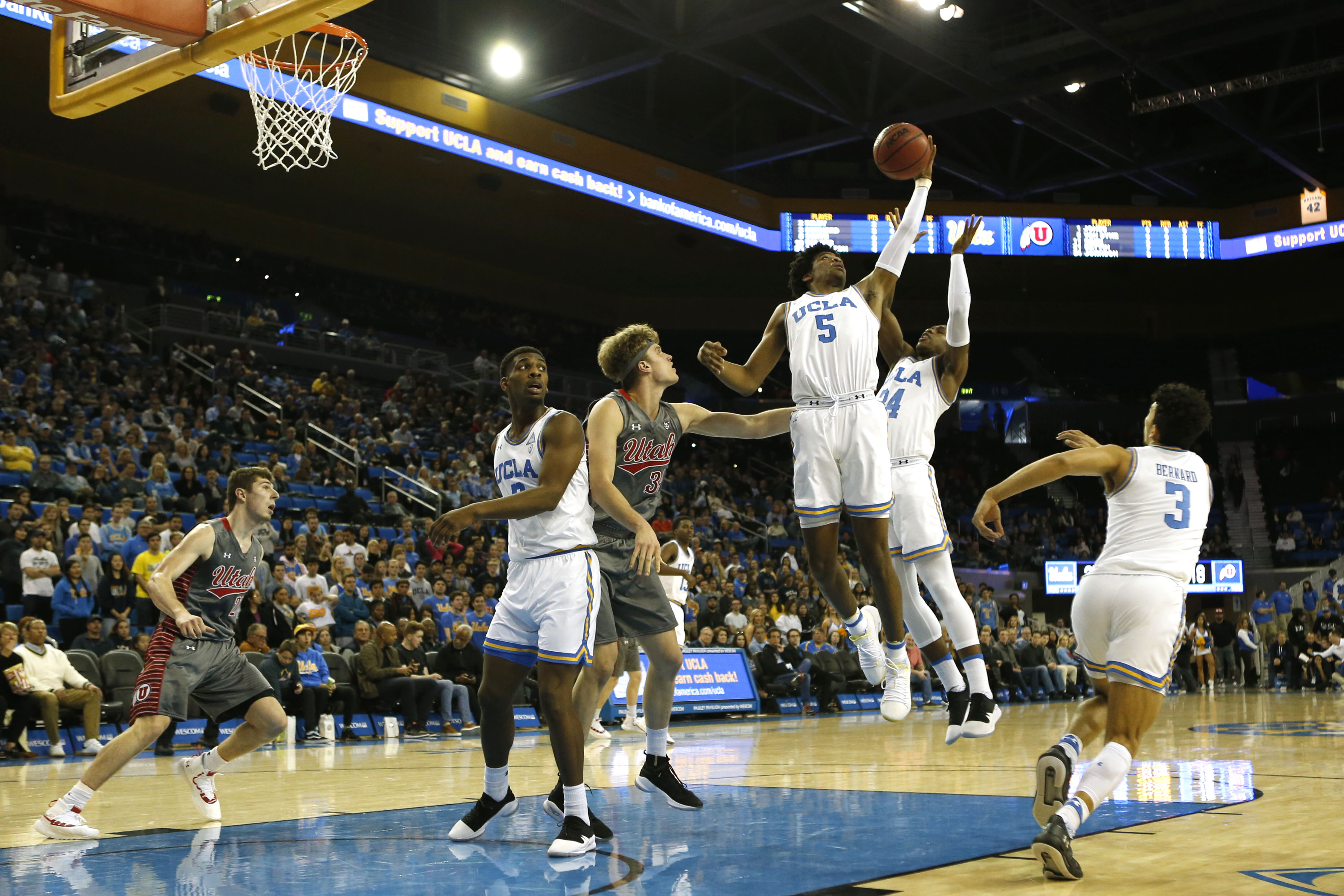 The UCLA Bruins plag against the Utah Utes at Pauley Pavilion on Feb. 9, 2019 in Los Angeles. (Credit: Katharine Lotze/Getty Images)