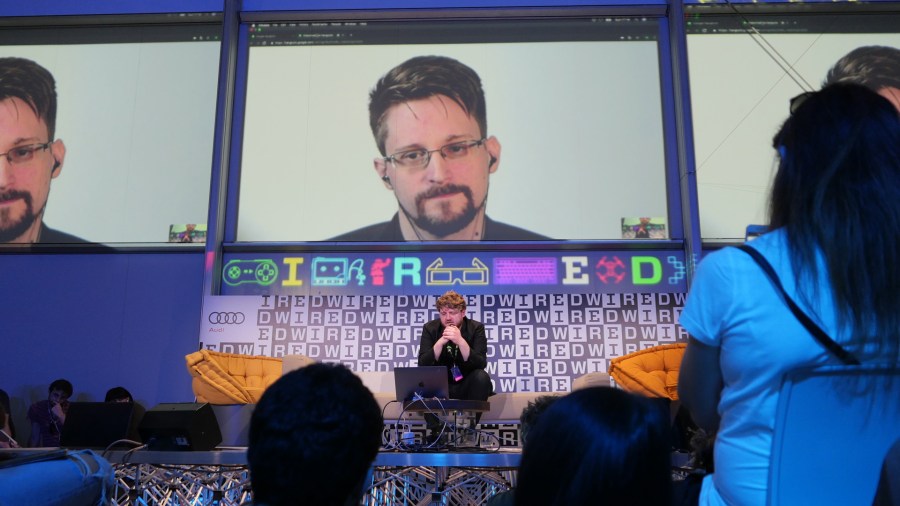 Computer security consultant Edward Snowden speaks in connection from Russia during the Wired Next Fest 2019 at the Giardini Indro Montanelli on May 26, 2019 in Milan, Italy. (Credit: Rosdiana Ciaravolo/Getty Images)