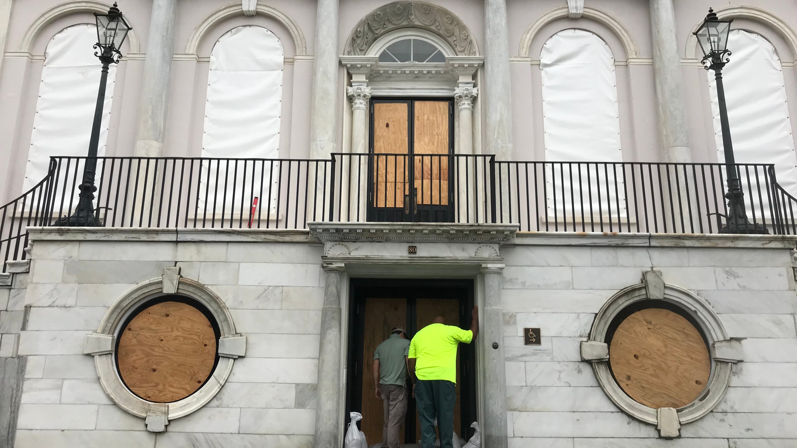 The Charleston, South Carolina, City Hall is boarded up on September 4, 2019, as Hurricane Dorian heads north from Florida. (Credit: CARMEN CUESTA-ROCA/AFP/Getty Images)