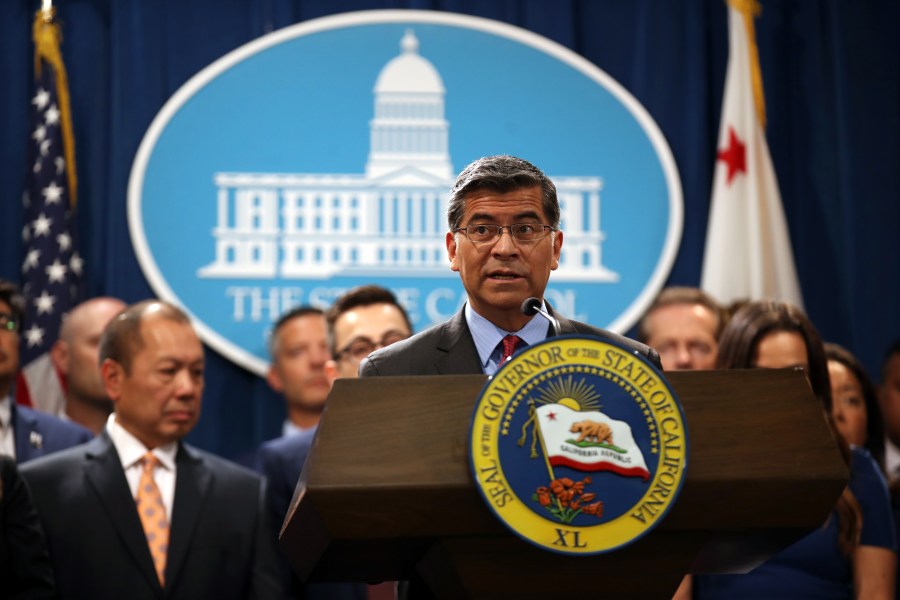 Attorney General Xavier Becerra speaks during a news conference with Gov. Gavin Newsom at the Capitol in Sacramento on Aug. 16, 2019. (Credit: Justin Sullivan / Getty Images)