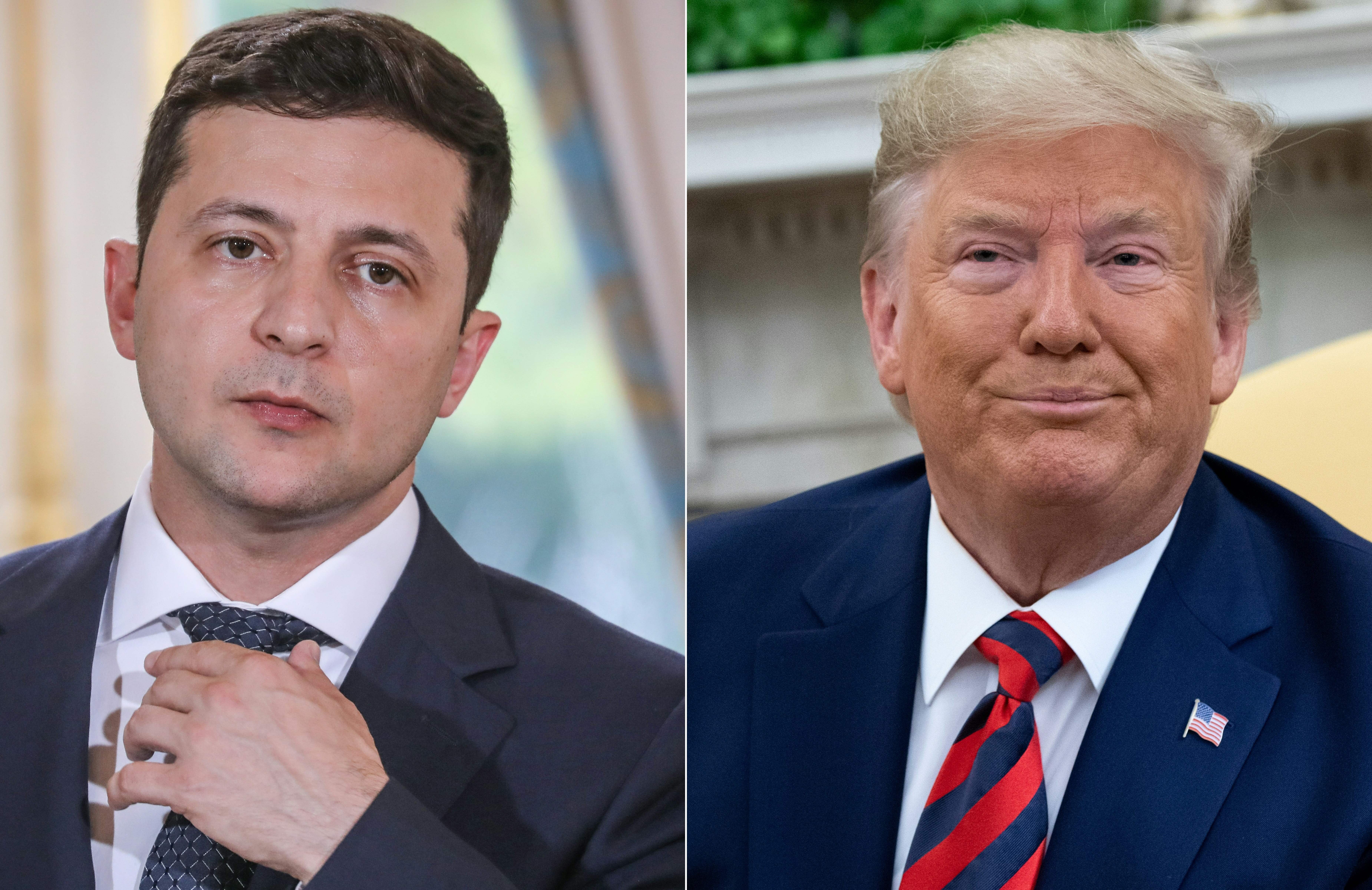 Ukraine's President Volodymyr Zelensky in June 17, 2019 in Paris and U.S. President Donald Trump during a meeting in the Oval Office at the White House in Washington, D.C. on Sept. 20, 2019. (Credi: LUDOVIC MARIN,SAUL LOEB/AFP/Getty Images)