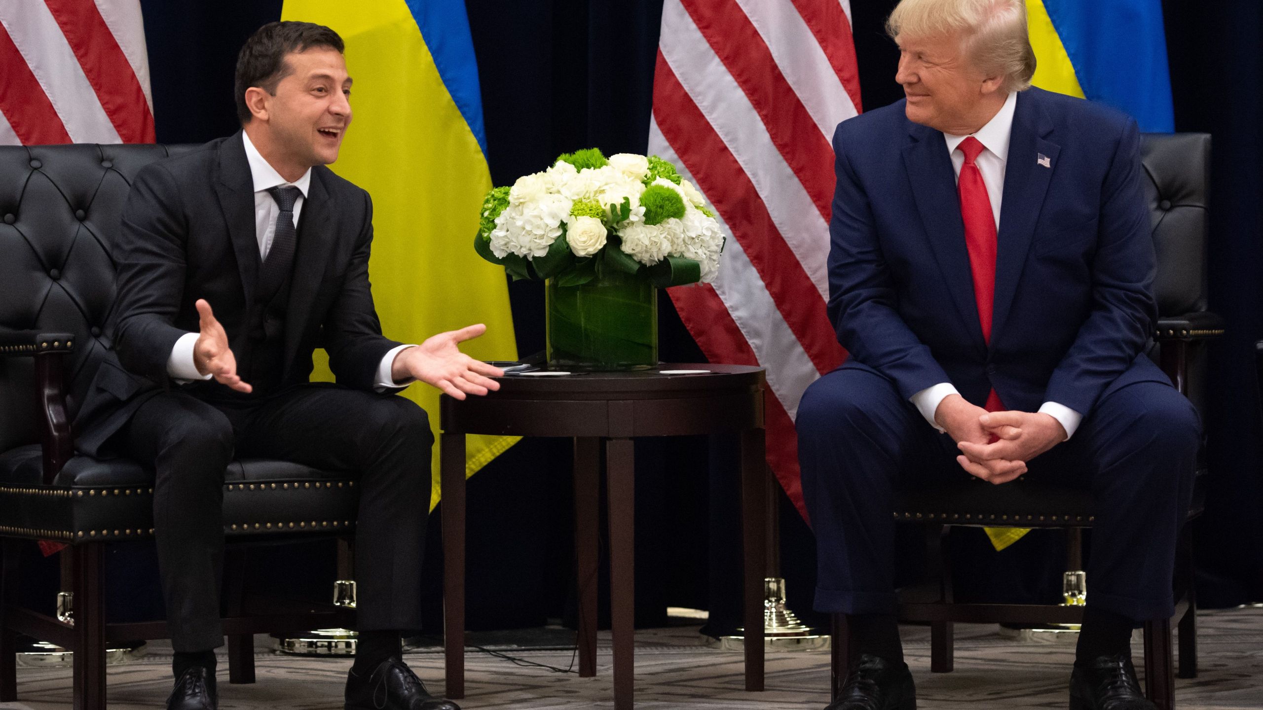 U.S. President Donald Trump and Ukrainian President Volodymyr Zelensky meet in New York on Sept. 25, 2019. (Credit: SAUL LOEB/AFP/Getty Images)