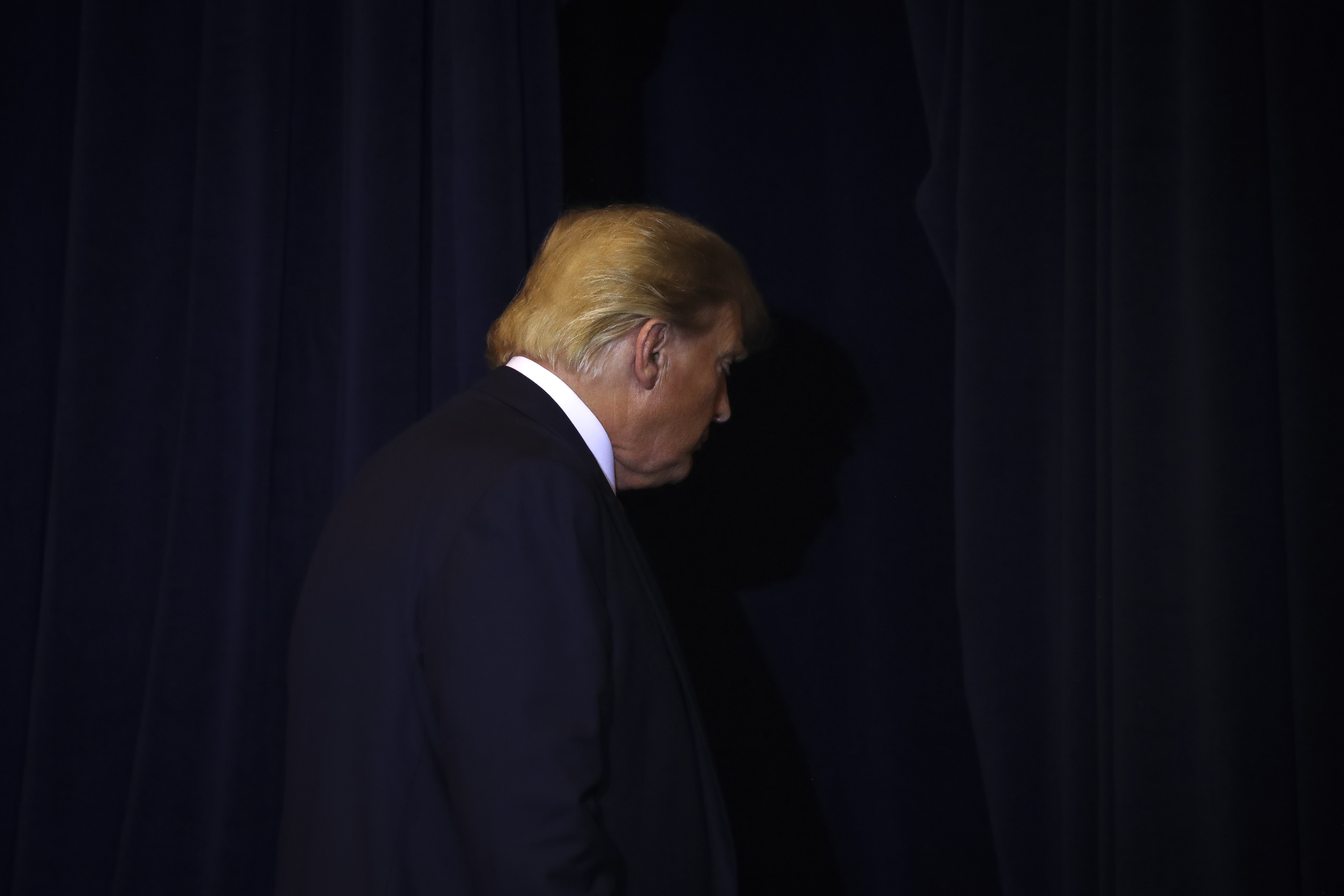 Donald Trump exits a press conference on the sidelines of the United Nations General Assembly on Sept. 25, 2019 in New York City. (Credit: Drew Angerer/Getty Images)