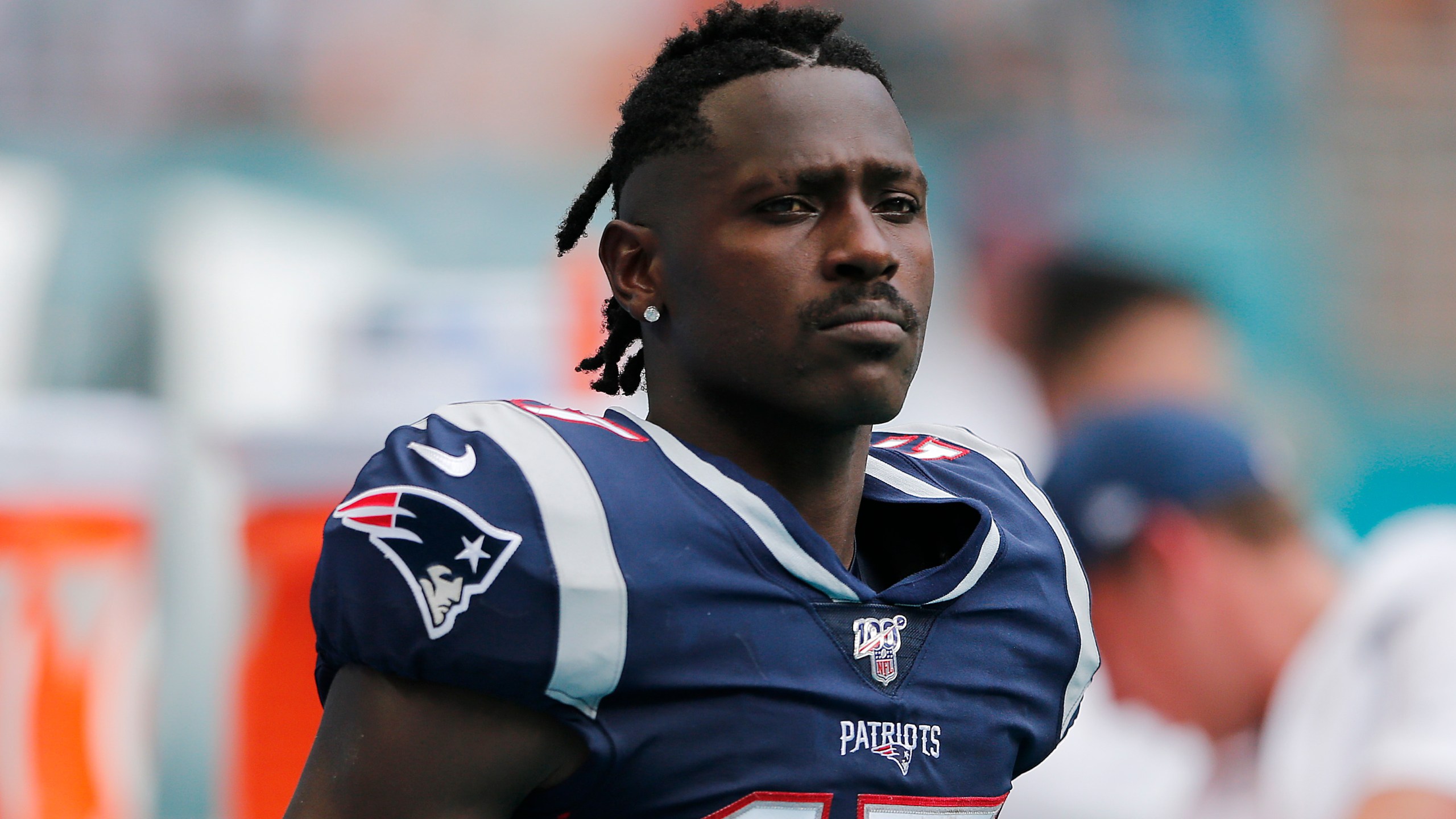 Antonio Brown of the New England Patriots looks on against the Miami Dolphins during the fourth quarter at Hard Rock Stadium on September 15, 2019 in Miami, Florida. (Credit: Michael Reaves/Getty Images)