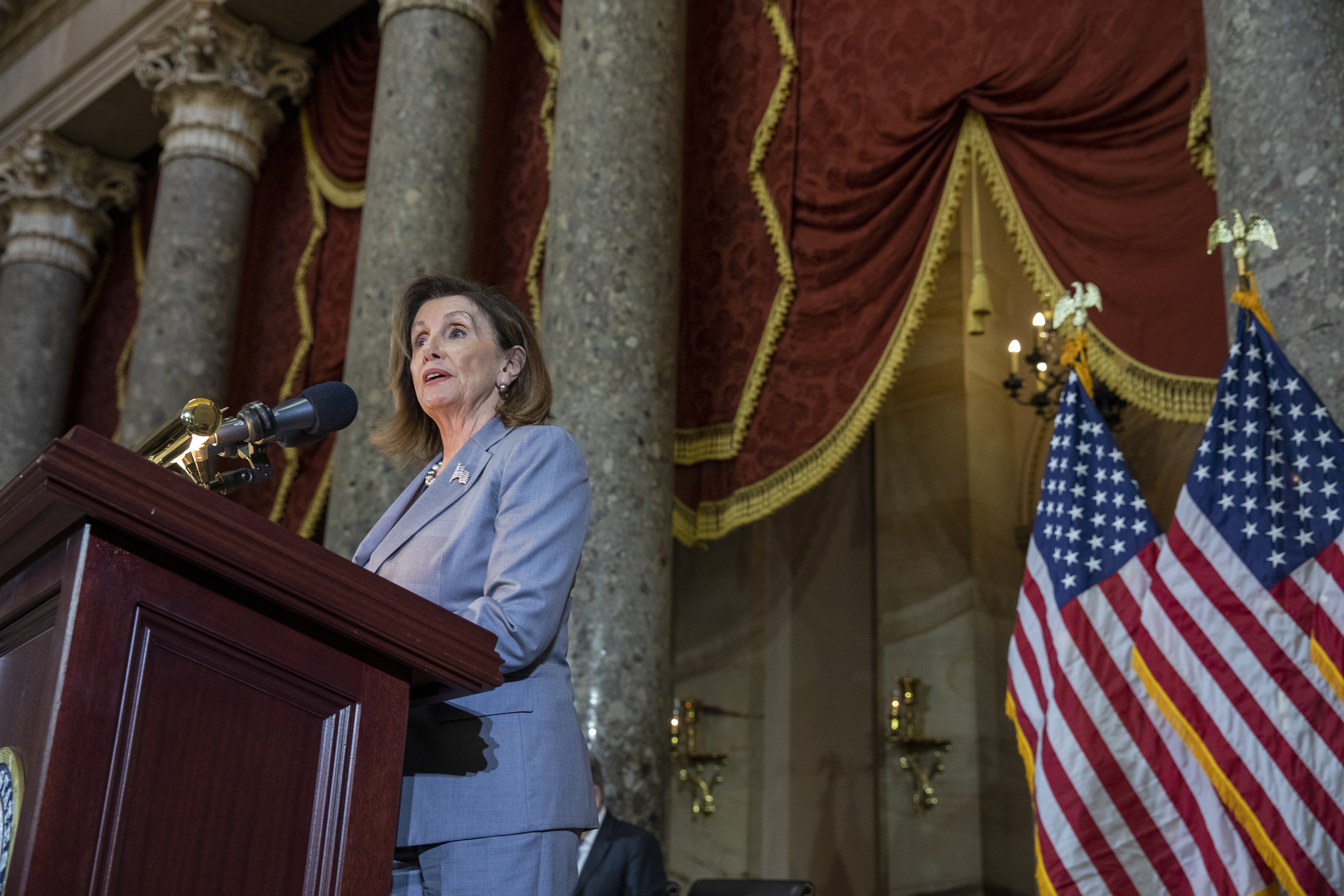 House Speaker Nancy Pelosi (D-CA) speaks at the Congressional statue dedication ceremony honoring Ponca Chief Standing Bear of Nebraska on Sept. 18, 2019 in Washington, D.C. (Credit: Tasos Katopodis/Getty Images)