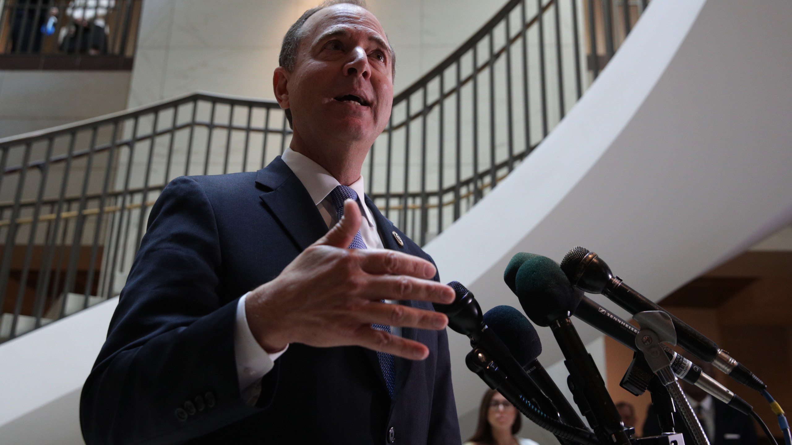 Rep. Adam Schiff (D-CA) speaks to members of the media after Intelligence Community Inspector General Michael Atkinson met behind closed doors with the House Intelligence Committee at the U.S. Capitol Sept. 19, 2019. (Credit: Alex Wong/Getty Images)