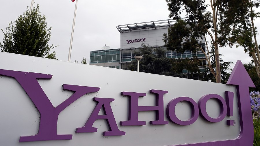 The Yahoo logo is displayed in front of the Yahoo headquarters on July 17, 2012, in Sunnyvale, California. (Credit: Justin Sullivan/Getty Images)