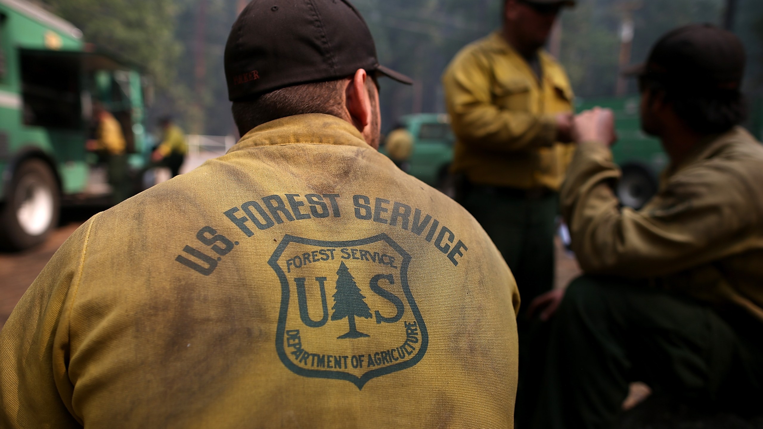 U.S. Forest Service firefighters take a break from battling the Rim Fire at Camp Mather on August 25, 2013 near Groveland, California. (Credit: Justin Sullivan/Getty Images)